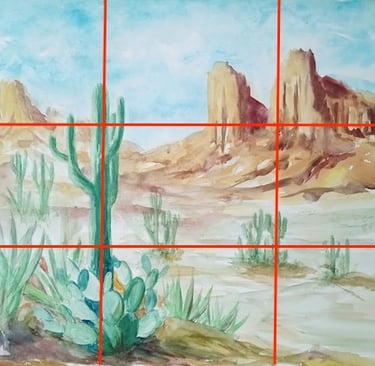 Watercolour painting by Angela Birchall of desert scene with rocky mountains and cacti