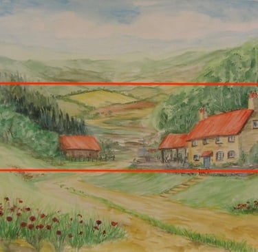 Watercolour painting by Angela Birchall of farmhouse and buildings with poppy flowers in foreground