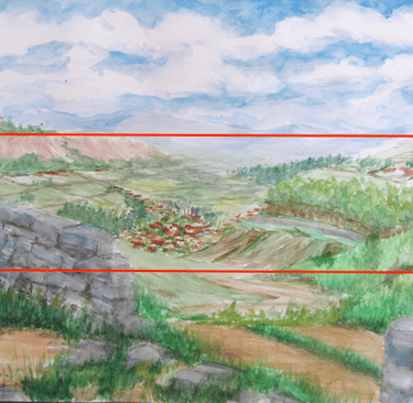 Watercolour painting by Angela Birchall of distant village viewed through gap in stone wall