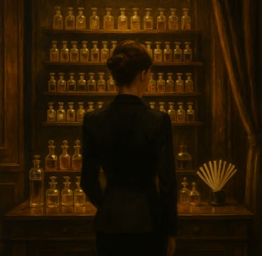 Femme élégante en tailleur dans un atelier de parfumerie de luxe