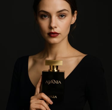 Modèle avec flacon de parfum Anania de YARA – campagne élégante