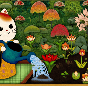 a cat sitting on a bench with a watering hose