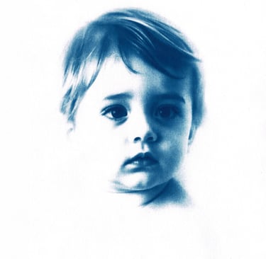 Stylized monochromatic blue portrait of a child with soft features, expressive eyes, and a gentle, s