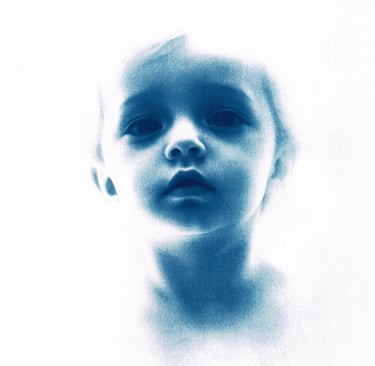 Minimal monochromatic blue portrait of a child with soft features, large eyes, and a serene, etherea