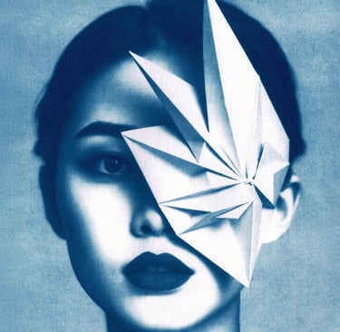 Close-up of a woman with blue-toned skin, dark lips, and a geometric paper structure covering her ri