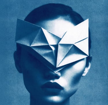 Close-up of a woman with a dark lip color, wearing a white geometric paper mask covering her eyes an