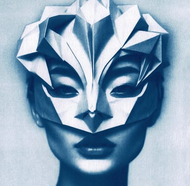Close-up of a woman with blue-toned skin, wearing an intricate geometric paper mask covering her upp