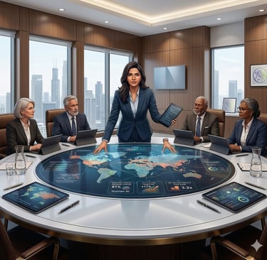 A diverse team of business executives discussing global data on a digital holographic table in a modern office.