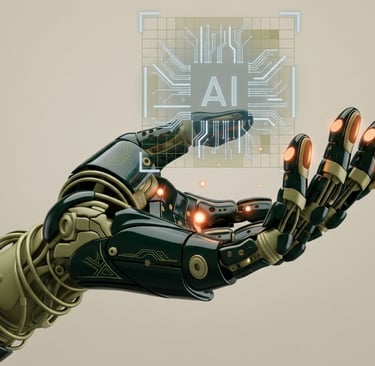 Mano robótica futurista sosteniendo un holograma brillante de un microchip con las letras AI, concep