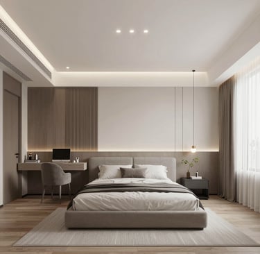 Cozy bedroom interior featuring warm tones and elegant furniture