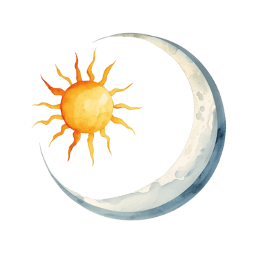 Watercolor illustration of a yellow sun nestled within a crescent moon on a black background.