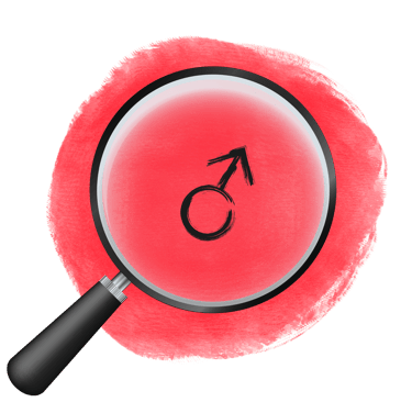 A magnifying glass focusing on a black male gender symbol over a red textured circle background.