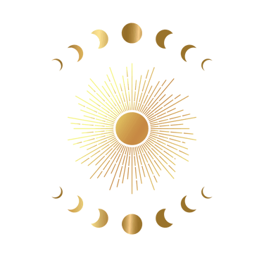 Golden celestial sun with moon phases and sunburst rays on a black background.