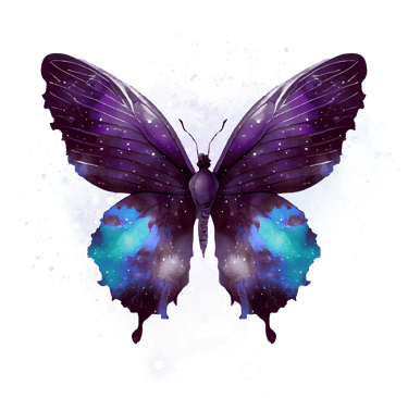 Purple and blue galaxy butterfly artwork with nebula wing patterns and celestial stars on a black background.