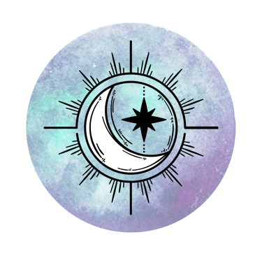 Celestial watercolor graphic featuring a white crescent moon and star on a purple galaxy background.