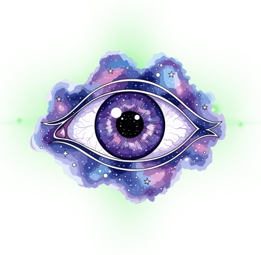 Cosmic eye illustration with a galaxy nebula iris and stars on a black background.