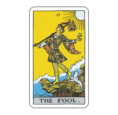 The Fool tarot card from the Rider-Waite deck featuring a traveler on a cliff with a white dog.