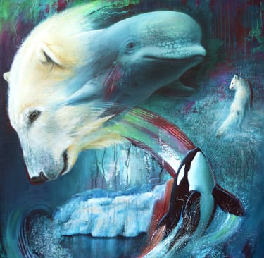 Surreal Arctic painting featuring a polar bear, beluga whale, orca, and snowy owl under a full moon.