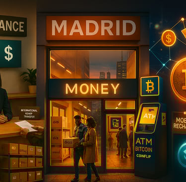Collage panorámico de tienda multiservicio en Madrid con zona de envíos, remesas, móviles y Bitcoin