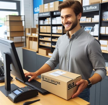 Smiling person picking up a package at a GLS Parcel Shop counter