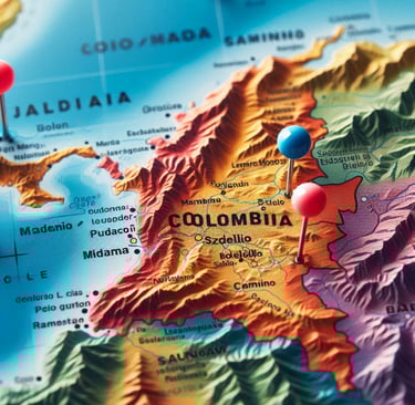 Un mapa de Colombia con marcadores de ubicación en Bogotá, Medellín y Cali.