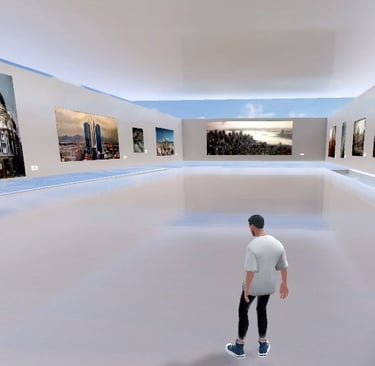 a man in a white shirt is standing in a room with a skateboard