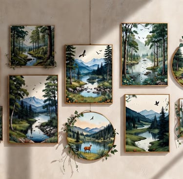 a wall of paintings of a mountain scene