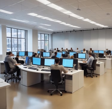 A diverse group of professionals collaborating over financial charts and laptops in a modern office.