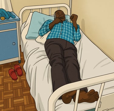 a man laying on a bed in a hospital room