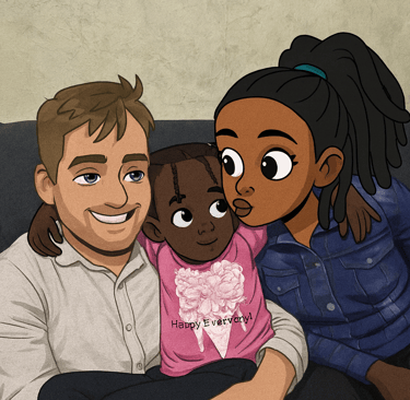 a cartoonish picture of a man and a woman sitting on a couch