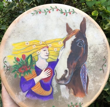 Commission piece. Goat hide, willow frame with acrylics