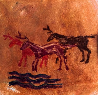 Cave painting. Deer by river