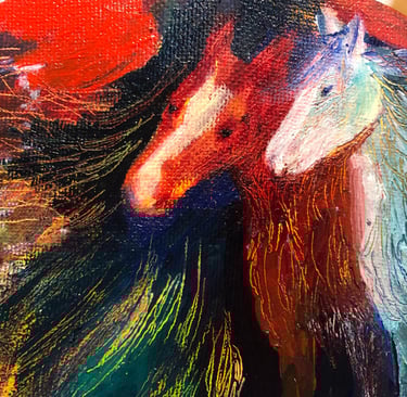 At the Threshold.Image of horses, oil on canvas