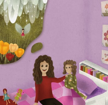 a woman sitting on a bed with a child, dolls and a Tooth Fairy in a thought bubble