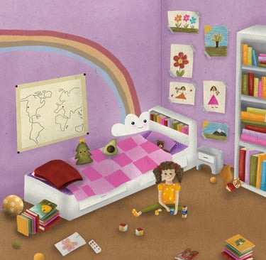a child's room with a bed and a toy