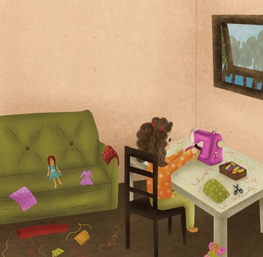 a child sewing in a living room with a couch and a table