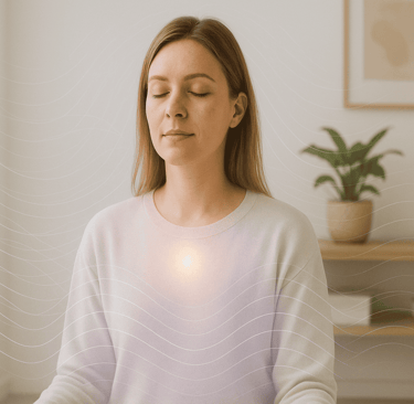 Person in calm healing session with glowing energy waves representing OMNIS and Healy quantum technology in Santa Ana