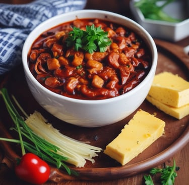 create and picture of a bowl of chilli with chives and chesse on top make it look cozy and comfortin