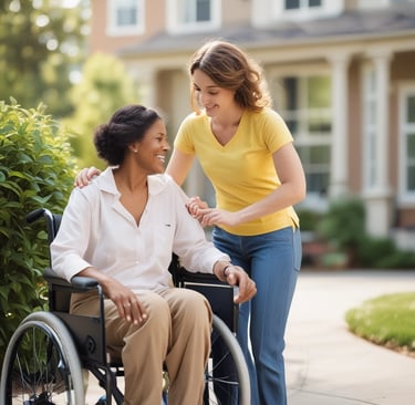 A caregiver assisting a senior with personal care in a bright bathroom.