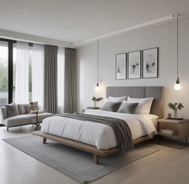 A serene bedroom showcasing soft textiles and calming colors.