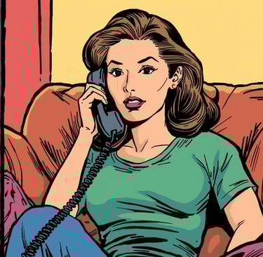 An expressive woman is sitting on the couch doing everyday life. She gets a call but will she respond?