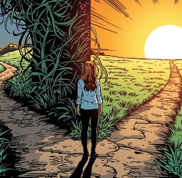 A dynamic comic book illustration depicts a woman standing at a metaphorical crossroads. To her left, an overgrown, winding p
