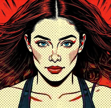 A dynamic portrait of April Nicole, depicted with an expression of unwavering determination, set against a stylized, energeti