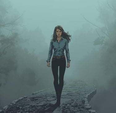 A comic book themed illustration of a woman with determined expression, standing on a winding path shrouded in a de