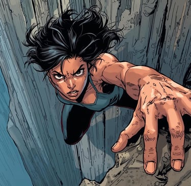 Comic book woman hanging on the edge of a cliff. Symbolic of a woman letting go of what is not serving her.