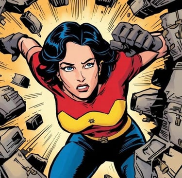 Comic book woman breaking through the obstacles in her way