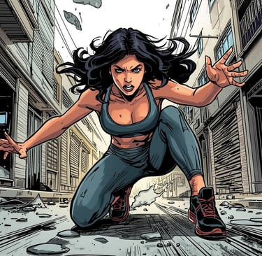 Comic book style illustration of a determined Arabic woman with flowing dark hair, dressed in practical, athletic attire, ris