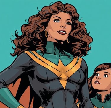 A vibrant comic book-style illustration featuring a confident hero woman with curly, wavy brown hair. She wears a s