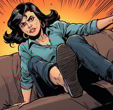 A determined woman in a dynamic comic book art style is planting her feet firmly on a plush couch, her body angled to resist 