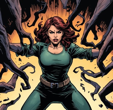 A determined comic book woman with strong posture, depicted in a dynamic illustration style, stands her ground against abstra